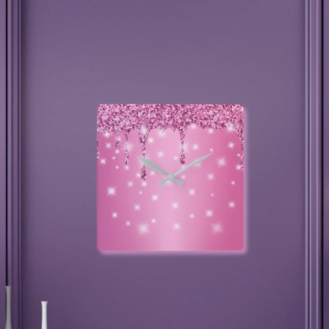 Elegant Hot Pink Glitter Drip Square Wall Clock (Hot pink glitter drip wall clock – a chic, glam gift for bachelorette gifts for bride, or bridesmaid)