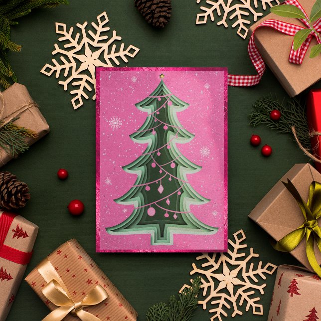 Elegant Hot Pink Glitter Papercut Christmas Tree Holiday Card (Front)