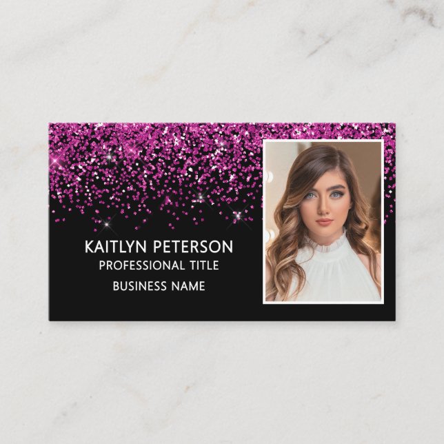 Elegant Hot Pink Glitter Photo QR Code  Business Card (Front)