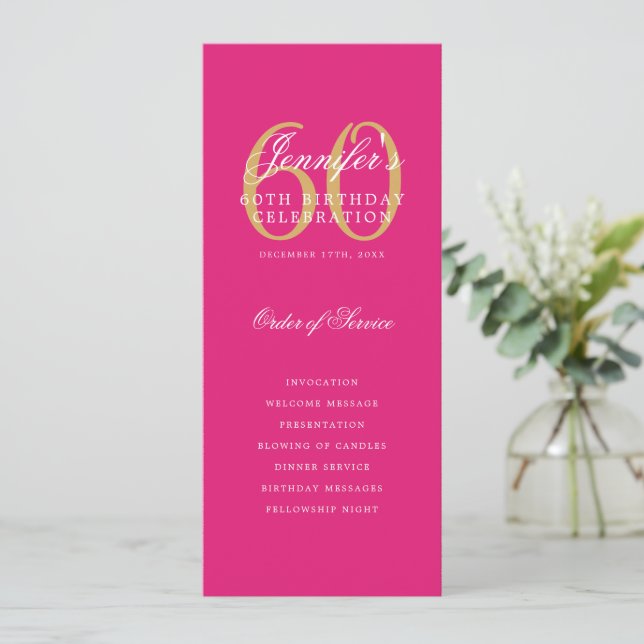 Elegant Hot Pink Gold 60th Birthday Program Menu Invitation (Standing Front)