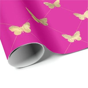 Elegant Hot Pink Gold Butterfly Pattern Wrapping Paper