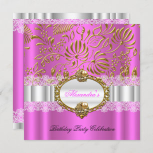 Elegant Hot Pink Gold Damask Lace Birthday Party Invitation