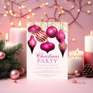 Elegant Hot Pink Gold Ornaments Christmas Party Invitation