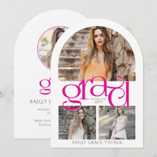 Elegant Hot Pink GRAD 4-Photo Arch Graduation Invitation