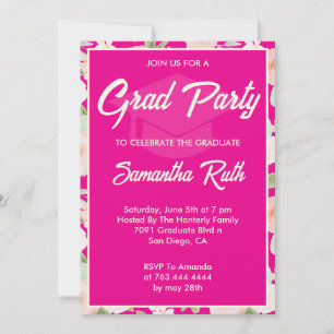 Elegant Hot Pink Ivory Floral Graduation Party Invitation