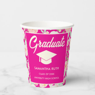 Elegant Hot Pink Ivory Floral Graduation Party Paper Cups