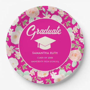 Elegant Hot Pink Ivory Floral Graduation Party  Paper Plate