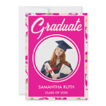 Elegant Hot Pink Ivory Floral Photo Graduation