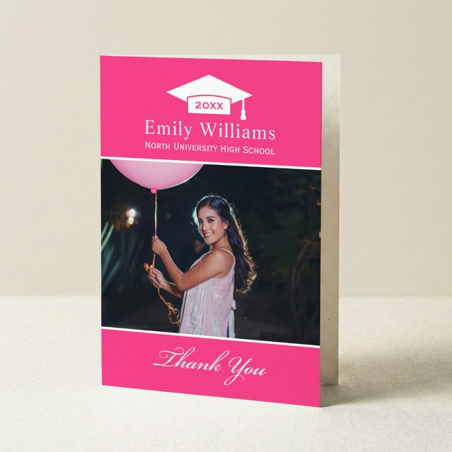 Elegant Hot Pink Personalised Graduation Photo Thank You Card (Creator Uploaded)
