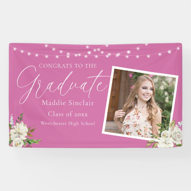 Elegant Hot Pink Photo Floral Graduation Banner (Horizontal)