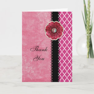 Elegant Hot Pink Quatrefoil Black Flower Thank You Card