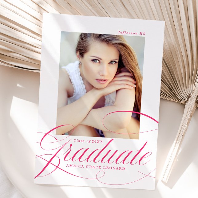Elegant Hot Pink Script Photo Graduation Announcement (Creator Uploaded)