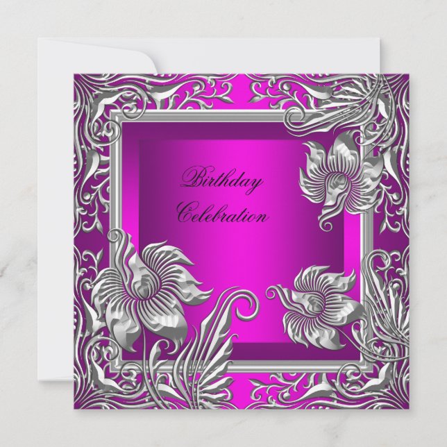 Elegant Hot Pink Silver Floral Birthday Party Invitation (Front)