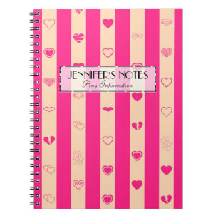 Elegant Hot Pink Stripes Modern Heart Pattern Spiral Notebook