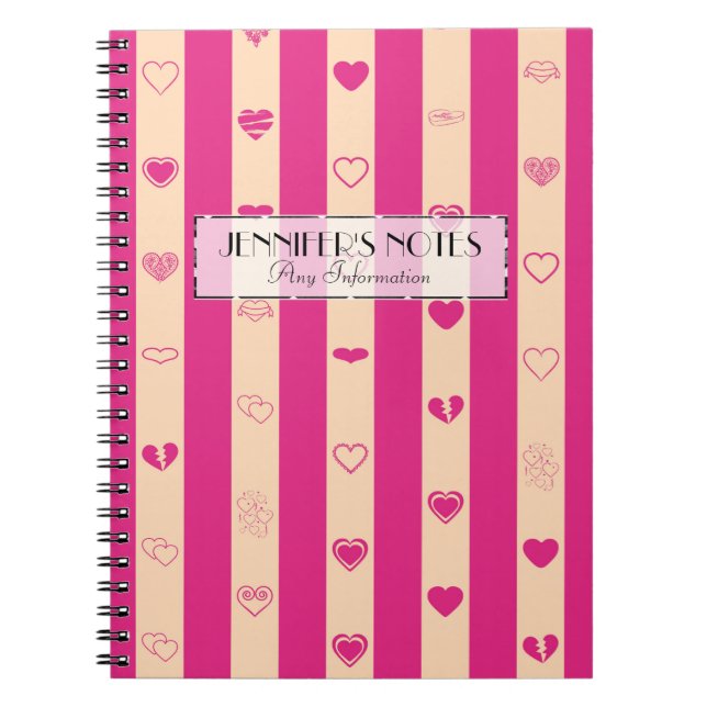 Elegant Hot Pink Stripes Modern Heart Pattern Spiral Notebook (Front)