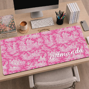 Elegant Hot Pink Vintage Toile de Jouy Desk Mat