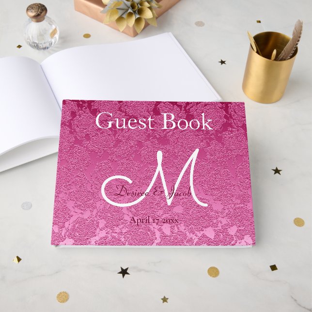Elegant Hot Pink White Burgundy Wedding Monogram Guest Book (Front Open)
