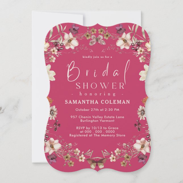 Elegant Hot Pink Wildflower Modern Bridal Shower Invitation (Front)