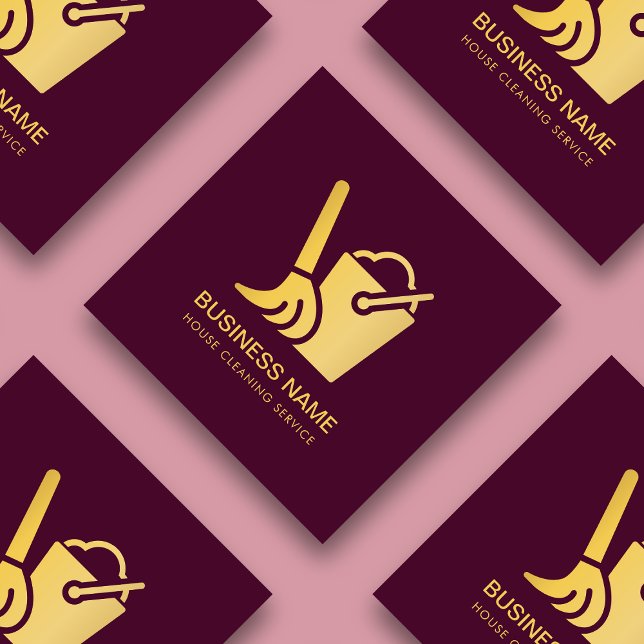 Elegant House Cleaning Service Burgundy And Gold  Square Business Card (Creator Uploaded)