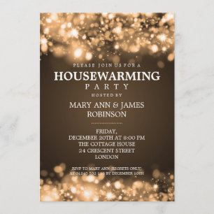 Elegant Housewarming Party Gold Sparkling Lights Invitation