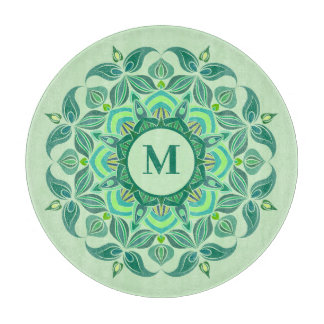 Elegant Hues of Green Mandala Flourish Monogram Cutting Board