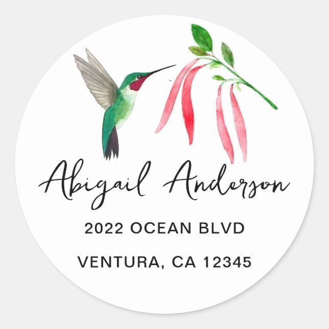 Elegant Hummingbird Address Classic Round Sticker (Front)