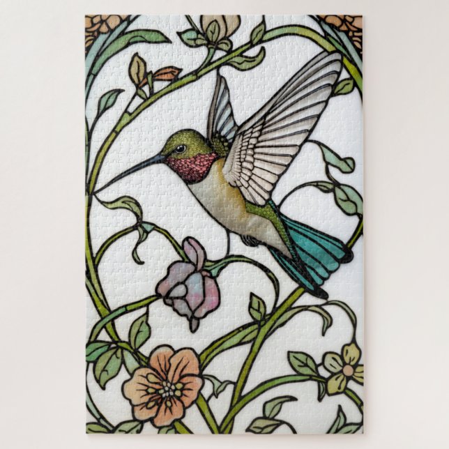 Elegant hummingbird artwork botanical boho chic jigsaw puzzle (Vertical)