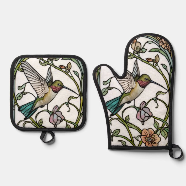 Elegant hummingbird artwork botanical boho chic oven mitt & pot holder set (Front)