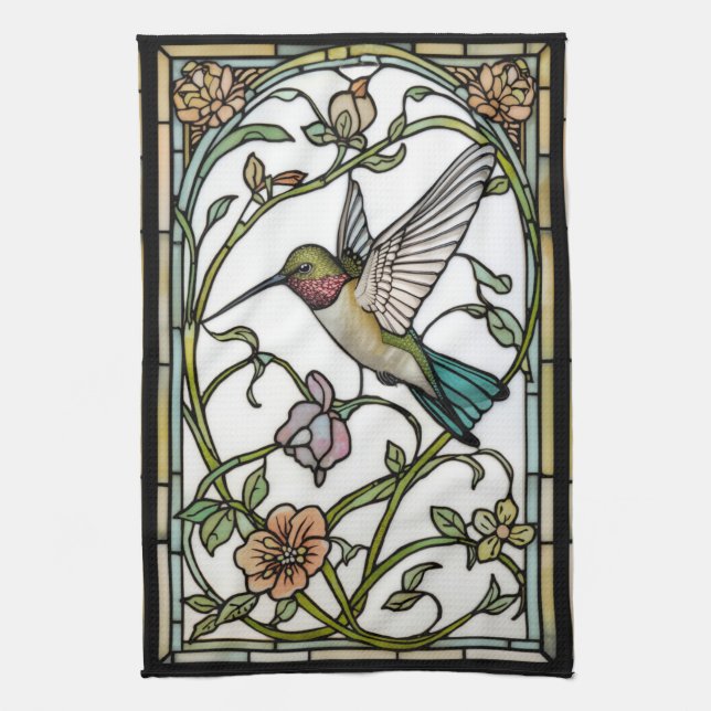 Elegant hummingbird artwork botanical boho chic tea towel (Vertical)