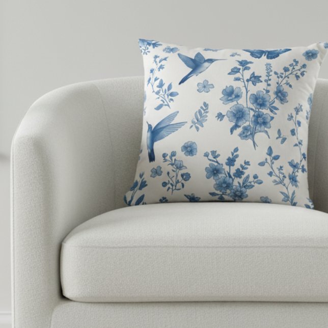 Elegant Hummingbird Floral Blue Toile  Cushion (Creator Uploaded)