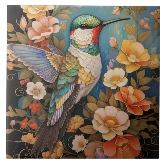 Elegant Hummingbird Floral Tile (Front)