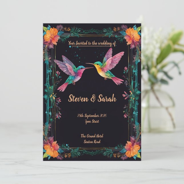 Elegant Hummingbird & Floral Wedding Invitation (Standing Front)