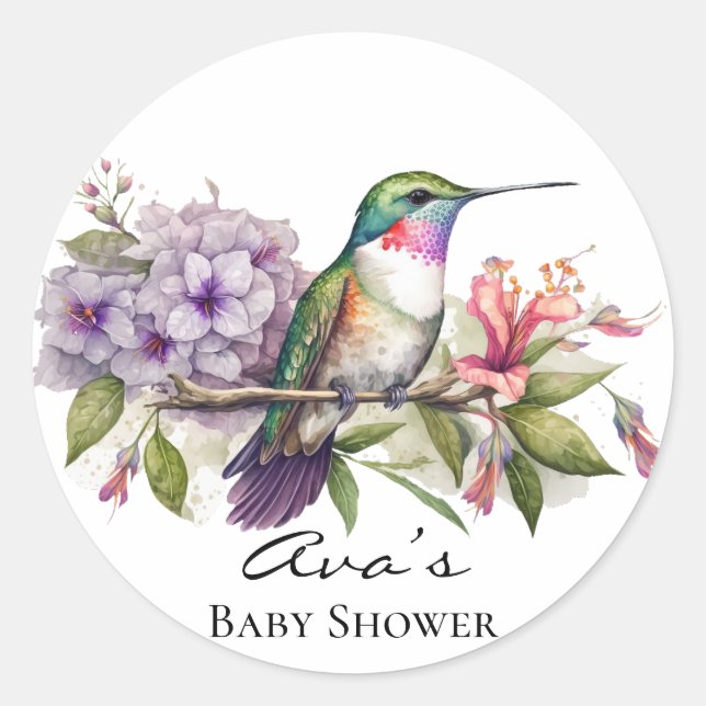 Elegant Hummingbird Purple Floral Girl Baby Shower Classic Round Sticker (Front)
