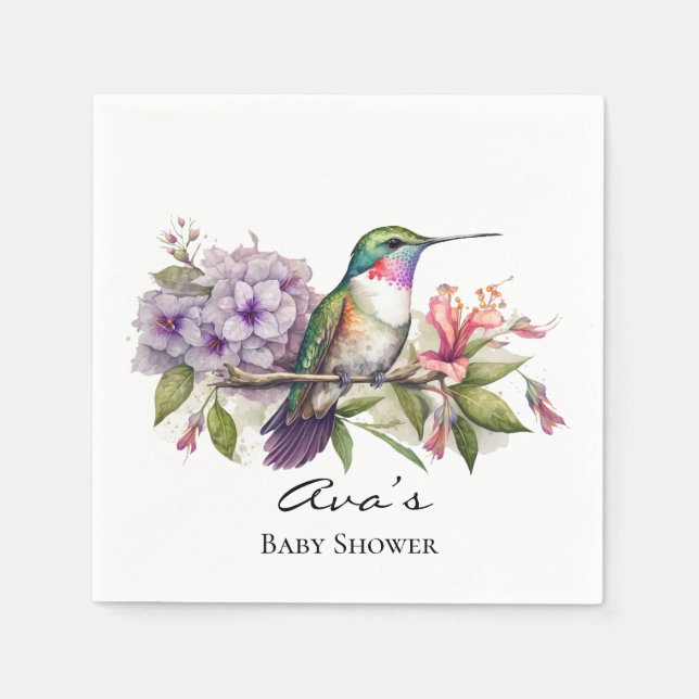 Elegant Hummingbird Purple Floral Girl Baby Shower Napkin (Front)
