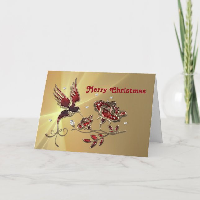 Elegant Hummingbird Red Floral Graphic Christmas Holiday Card (Front)