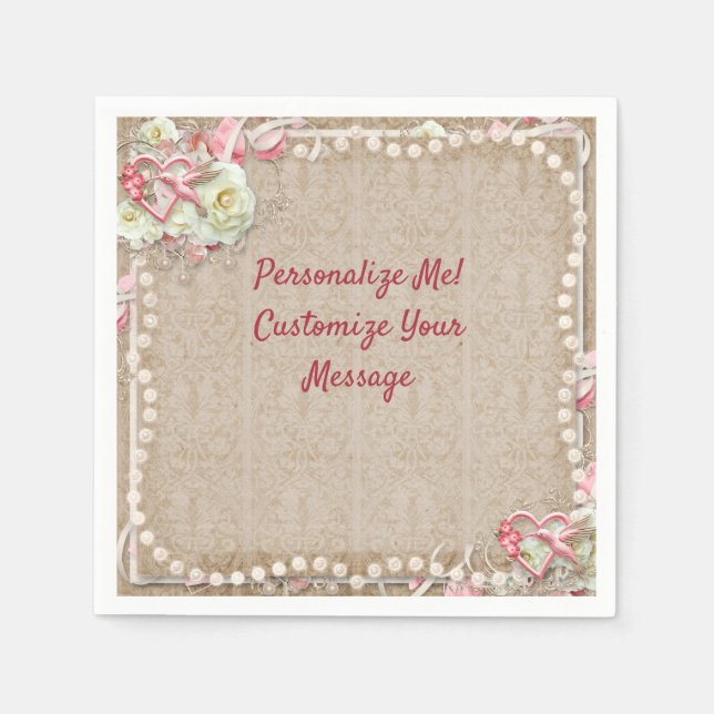 Elegant Hummingbird Romantic White Roses Pearls Napkin (Front)