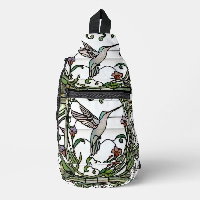 Elegant hummingbird stain glass art design sling bag (Front)