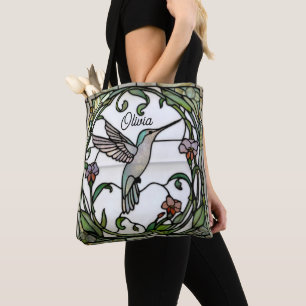 Elegant hummingbird stain glass art design tote bag