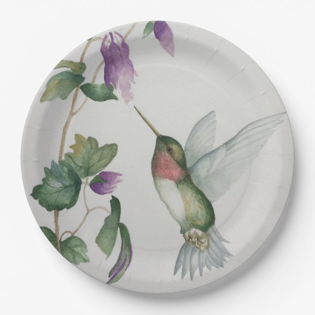 Elegant Hummingbird Watercolor Cream Pink Flower Paper Plate (Front)