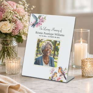 Elegant Hummingbirds Floral Photo Funeral Pedestal Sign