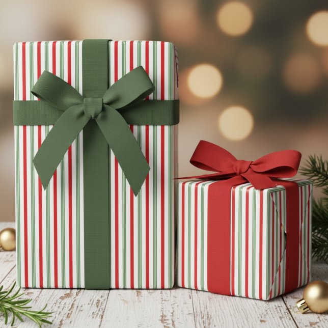 Elegant Hunter Green and Red Candy Cane Pinstripe Wrapping Paper (Elegant Festive Hunter Green & Red Striped Pattern Christmas Gift Wrap. Thin Green & Red Pinstripes)