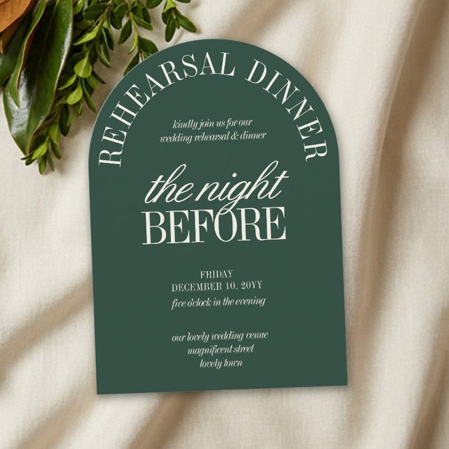 Elegant Hunter Green Arch Rehearsal Dinner Invitation (Arch Rehearsal Dinner Invitation from the Green Stripe Old Money wedding collection by Darling & May)