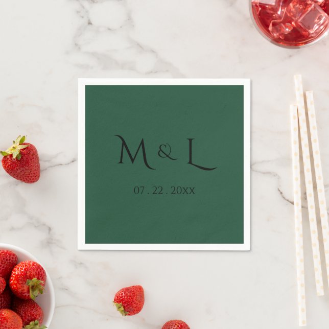 Elegant Hunter Green Monogram Date Wedding  Napkin (Insitu)