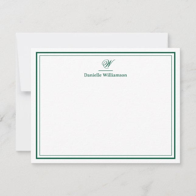 Elegant Hunter Green Monogram Double Border White Card (Front)