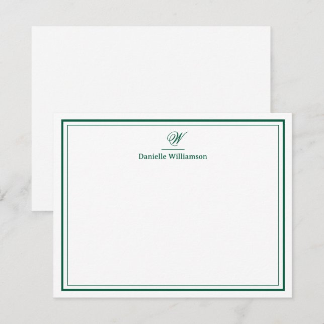 Elegant Hunter Green Monogram Double Border White Card (Front/Back)