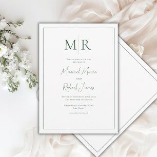 Elegant Hunter Green Monogram Modern Wedding Invitation