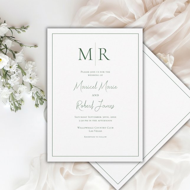 Elegant Hunter Green Monogram Modern Wedding Invitation (Creator Uploaded)