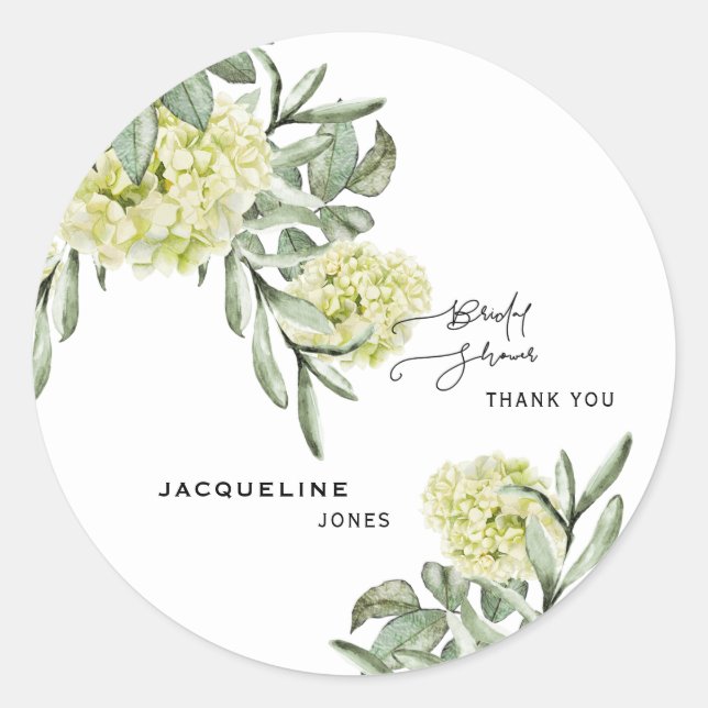 Elegant Hydrangea Bridal Shower Thank You Classic Round Sticker (Front)