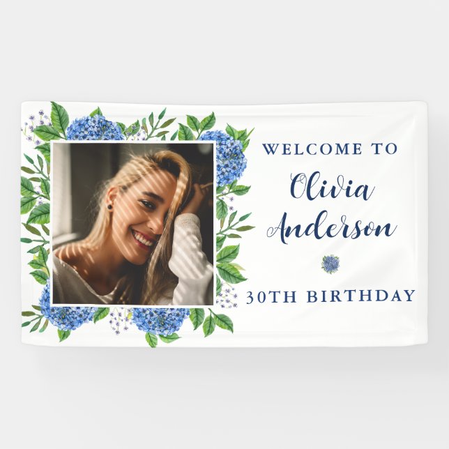 Elegant Hydrangea Custom Photo 30th Birthday Party Banner (Horizontal)