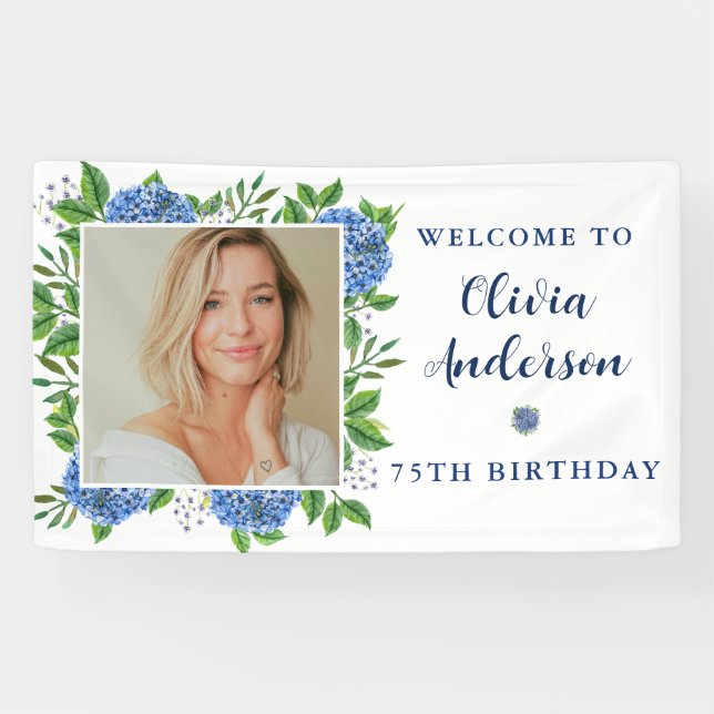 Elegant Hydrangea Custom Photo 75th Birthday Party Banner (Horizontal)